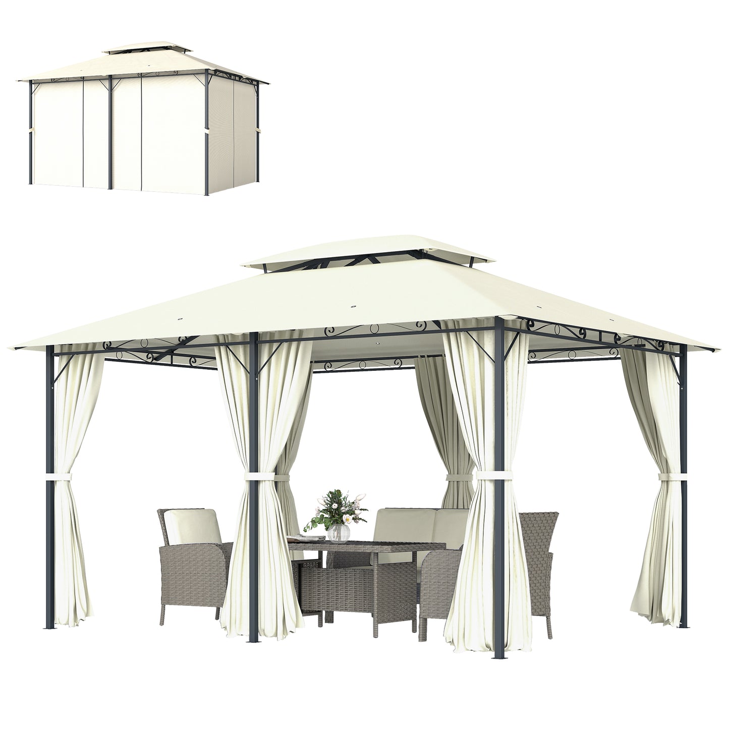 13' x 10' Soft-top Gazebo Patio Steel Canopy Portable Party Event with Double Canopy Roof, Curtains, Cream White