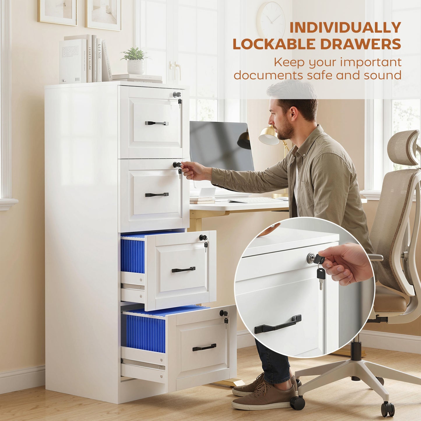 4 Drawer File Cabinet with Lock, Vertical Filing Cabinet with Adjustable Hanging Bars for A4 and Letter Size, White