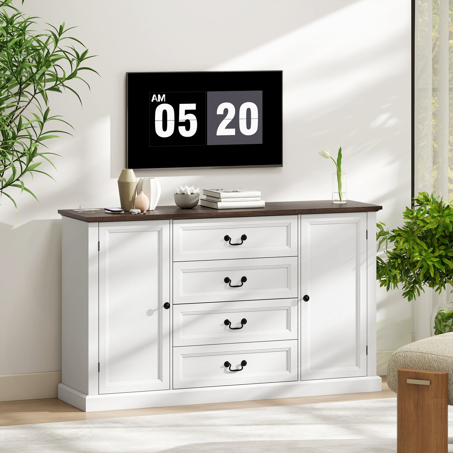 Farmhouse Sideboard with Charging Station, 58" Buffet Cabinet, Kitchen Storage Cabinet with 4 Drawers, 2 Doors, White