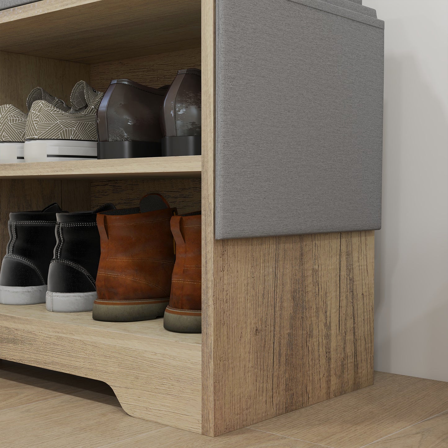 Upholstered Shoe Storage Bench w/ Seat, Entrance Bench w/ Drawer Open Shelves and Pocket for Hallway, Grey