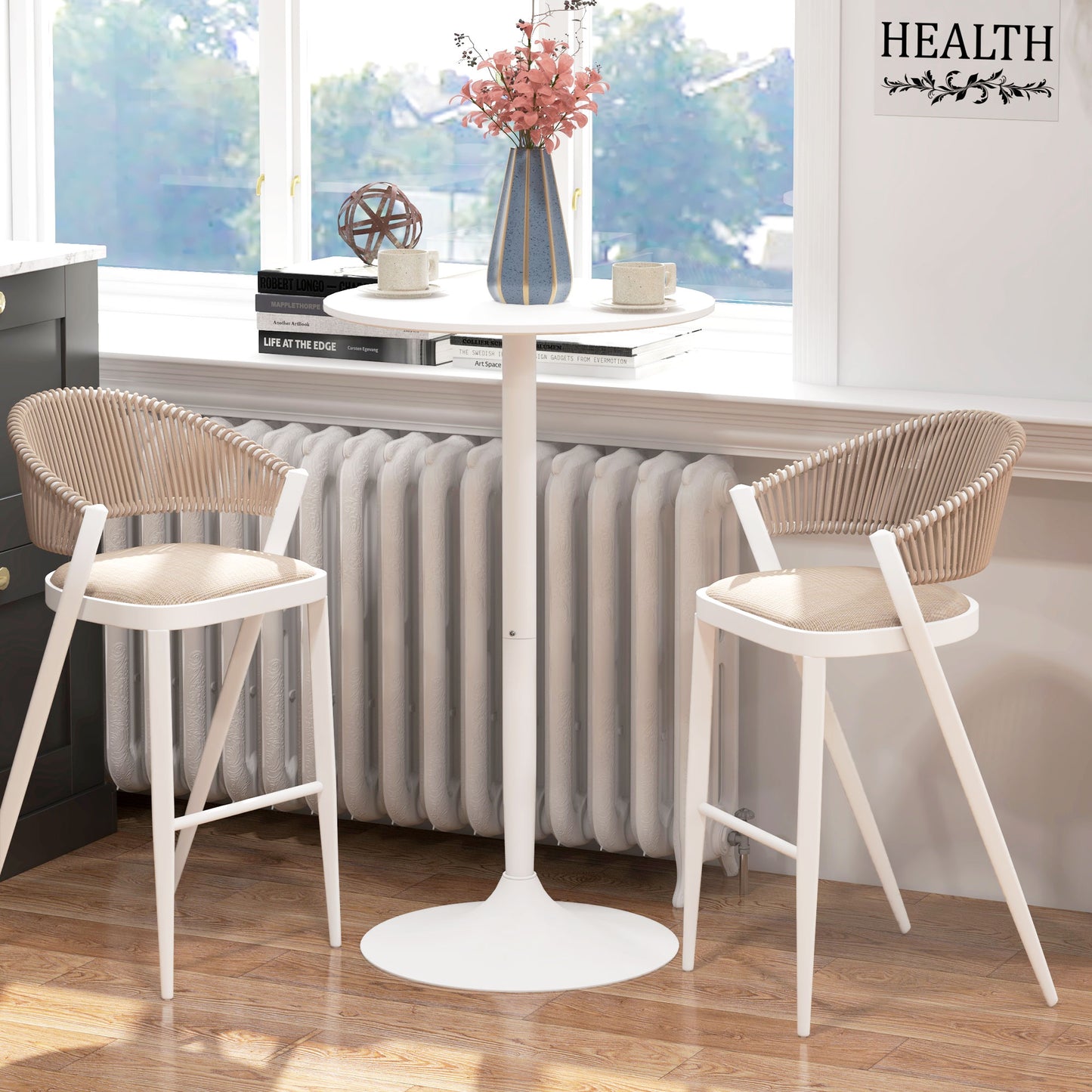 High Top Bar Table, Modern Round Dining Table with Painted Top and Steel Base, Bistro Table for 2 People, White