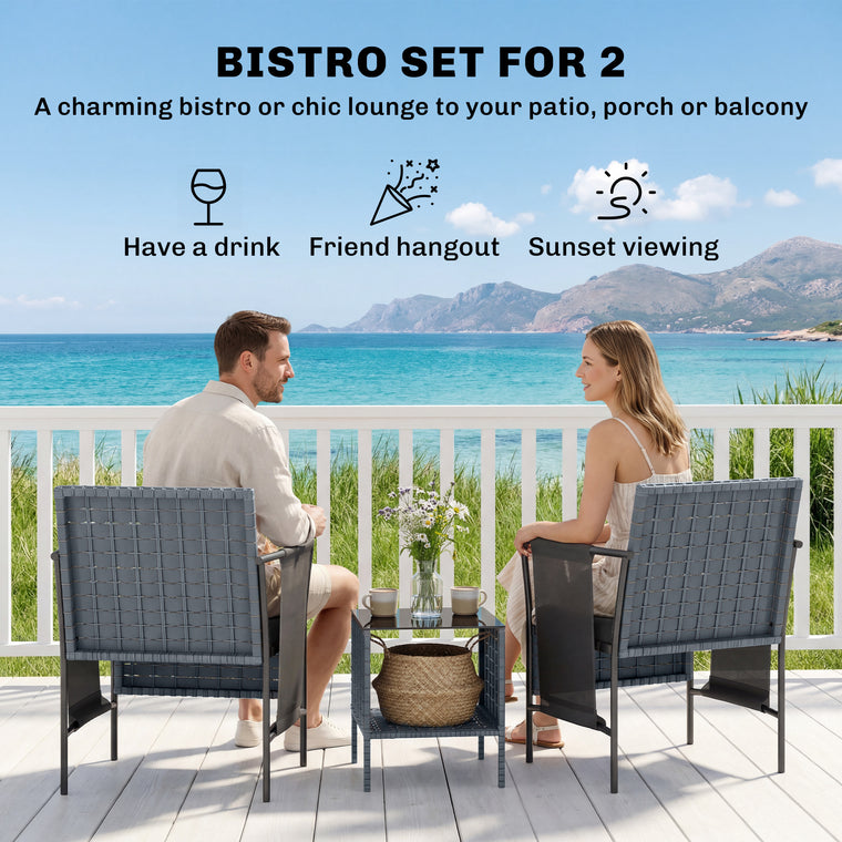 3-Piece Wicker Bistro Set with Side Pockets & Mesh Seat