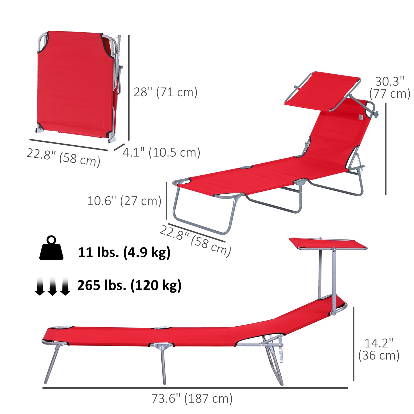 Outdoor Lounge Chair, Adjustable Folding Chaise Lounge, Tanning Chair with Sun Shade for Beach, Camping, Hiking, Backyard, Light Grey