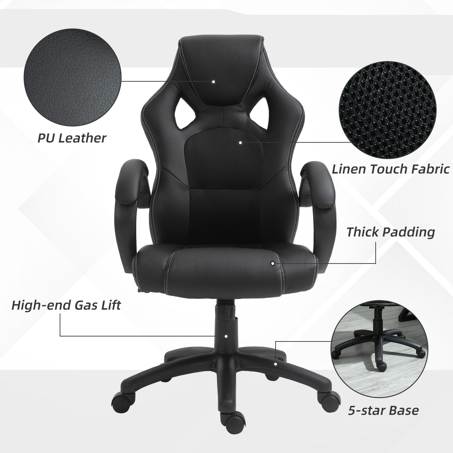 Racing Gaming Chair Office Chair Computer Desk Gamer Chair with Swivel Wheels, Padded Headrest, Tilt Function, Black