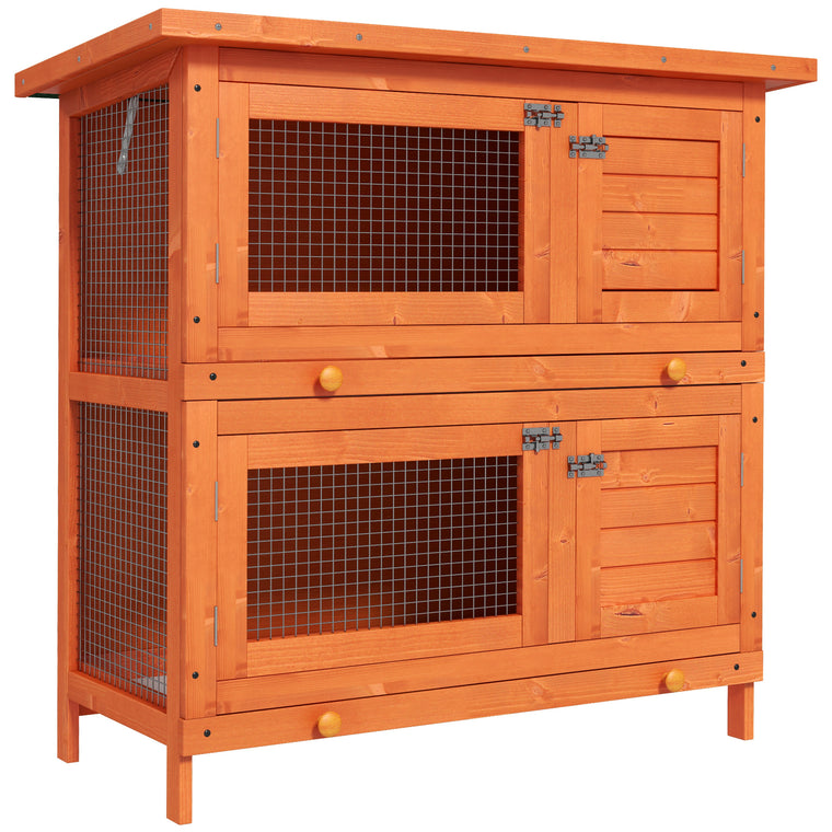 2-Tier Yellow Wooden Rabbit Hutch with 2 Main Rooms
