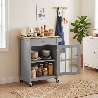 Rolling Kitchen Cart with Drawer and Glass Cabinet