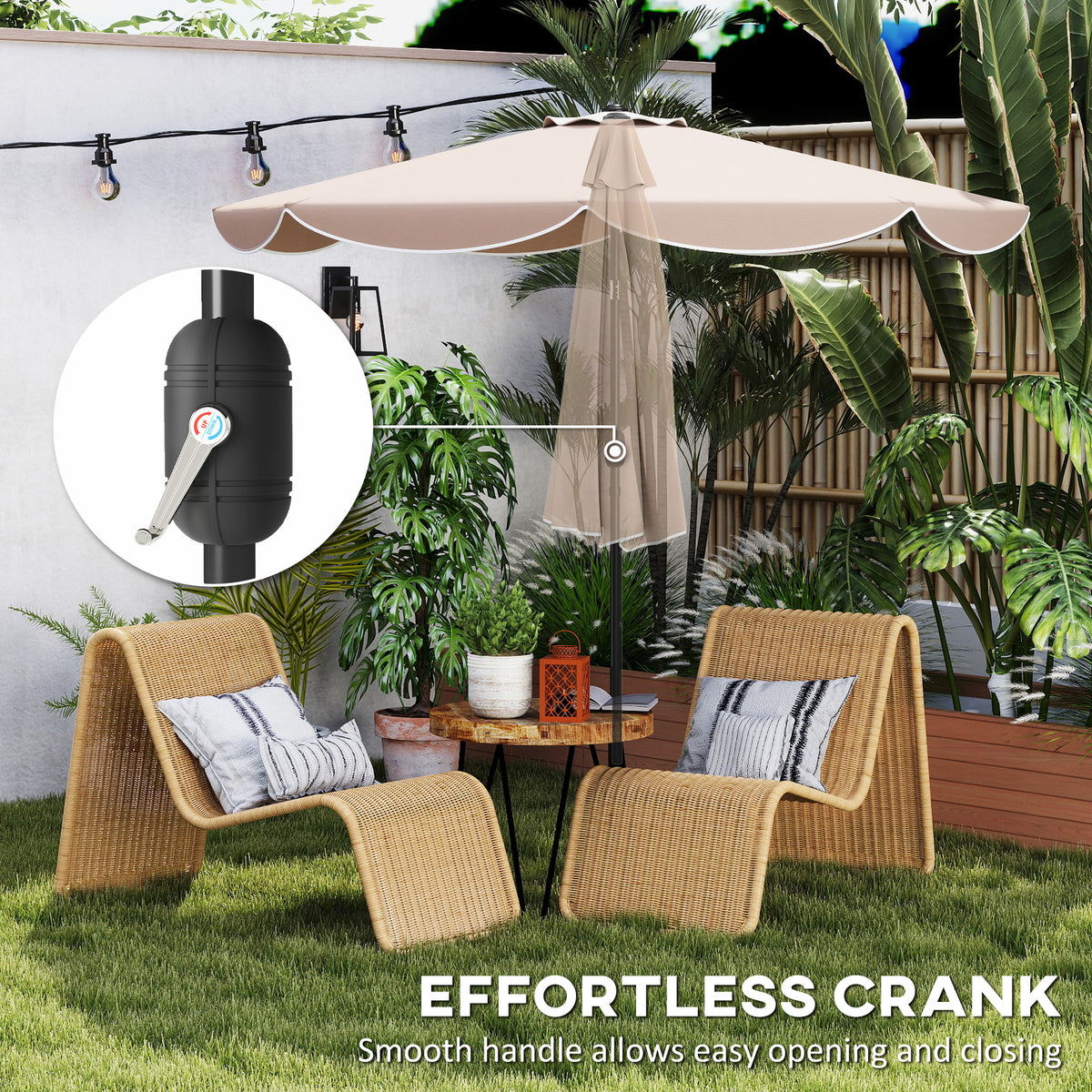 9' x 9' Khaki Round Market Umbrella with Valance & Tilt Crank