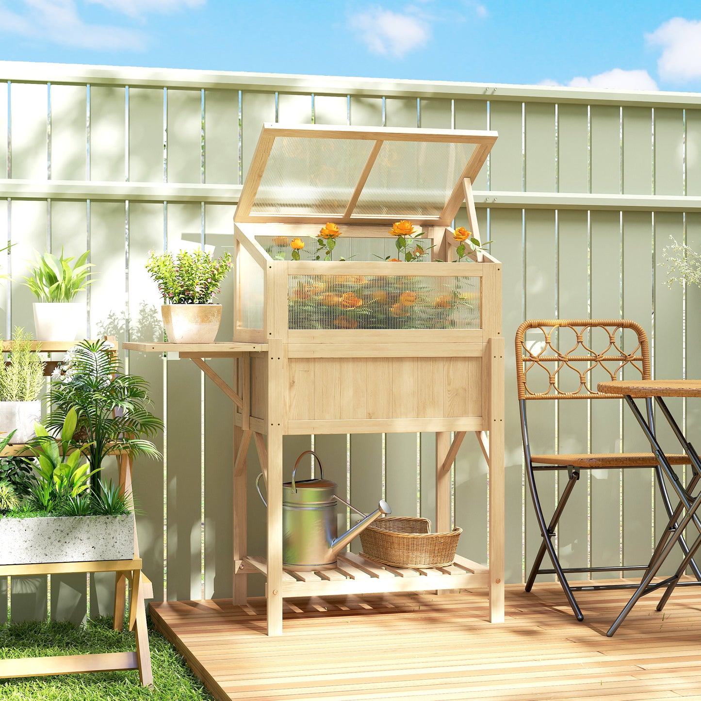 Raised Garden Bed Planter with Cold Frame, Wooden Elevated Planter Box with Folding Side Table and Shelf, Natural Wood