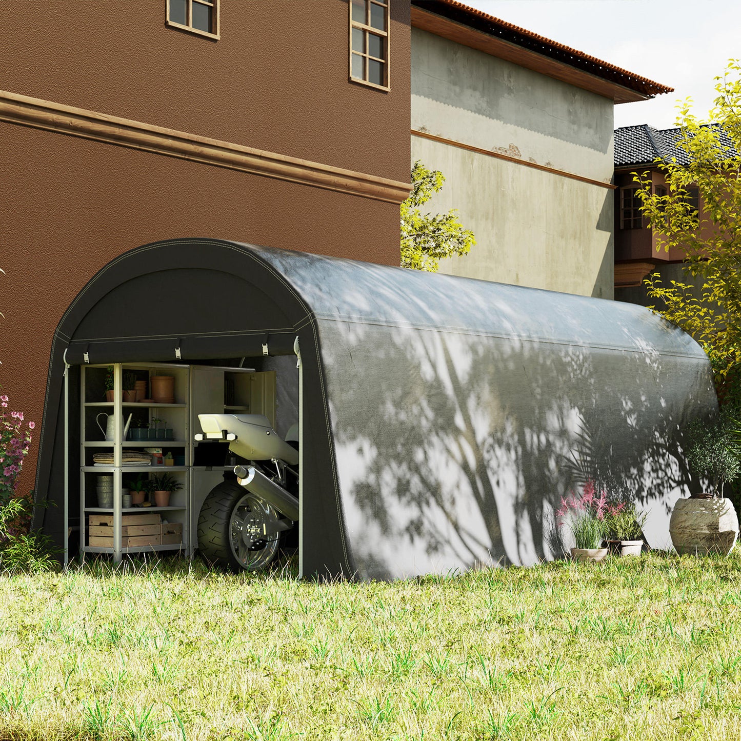 10' x 20' Portable Shed, Motorcycle Bike Tent with Roll-up Door, Galvanised Steel Frame for Garden Tools, Dark Grey