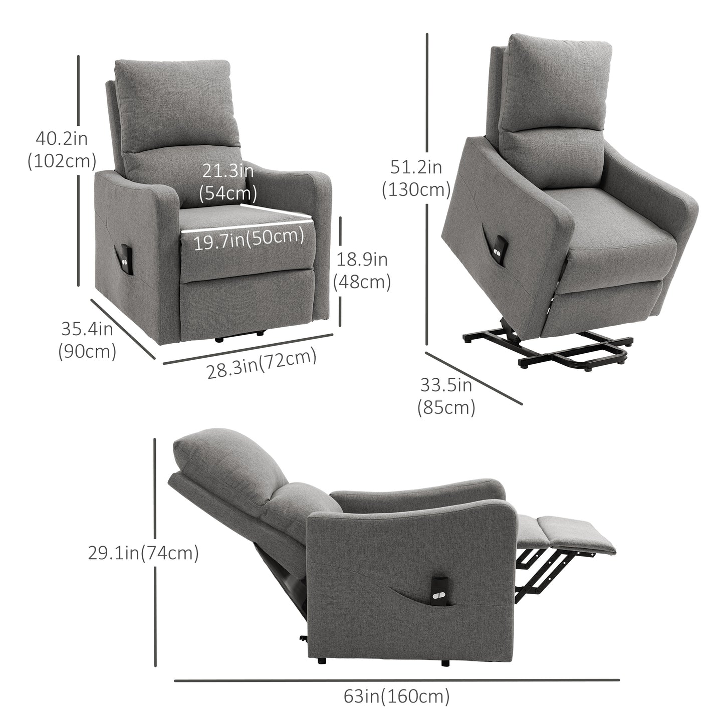 Electric Power Lift Recliner Chair with Remote Control and Side Pocket for Living Room, Grey
