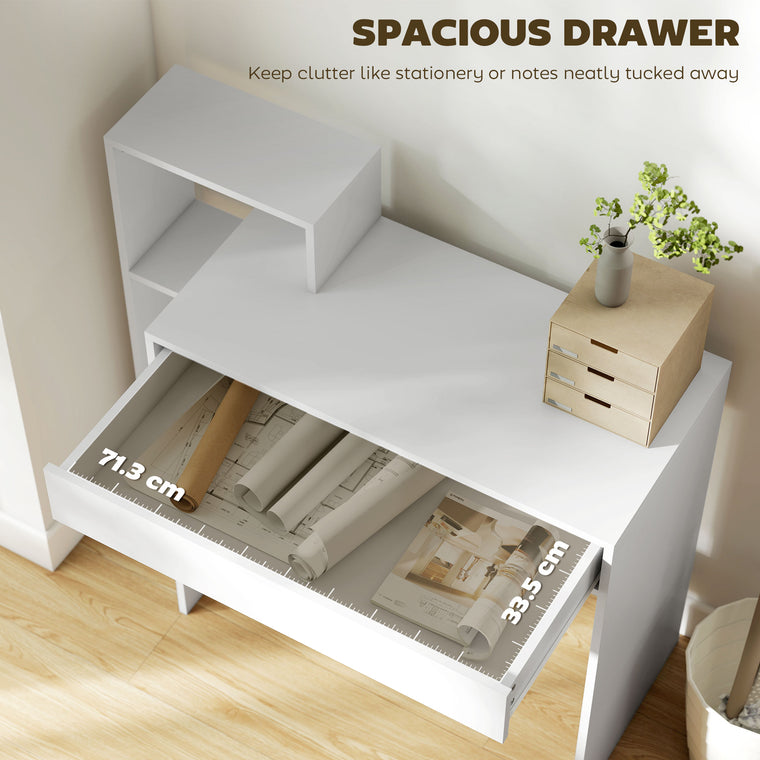 Computer Desk with 3 Open Shelves and Drawer - White