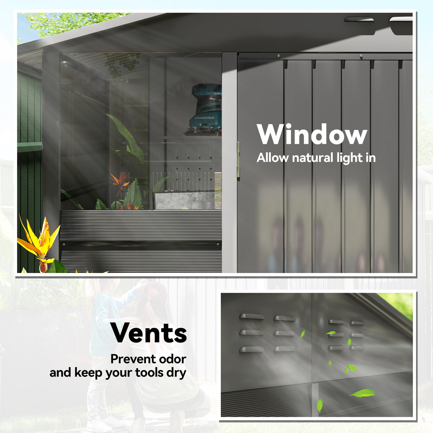 8' x 6' Outdoor Storage Shed, Metal Garden Shed with 2 Windows, 4 Vents, Lockable Doors and Gloves, Dark Grey