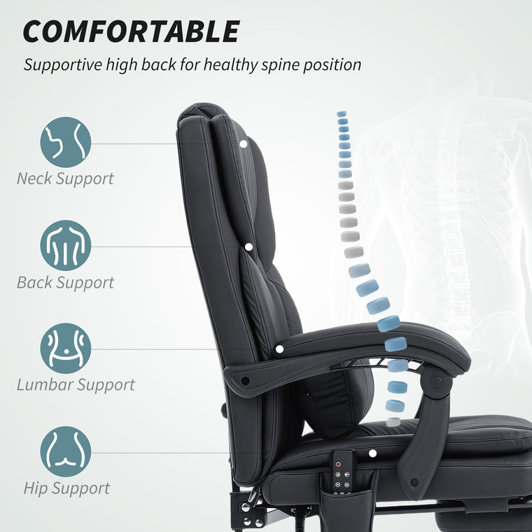 Reclining Massage Office Chair with Footrest - Black