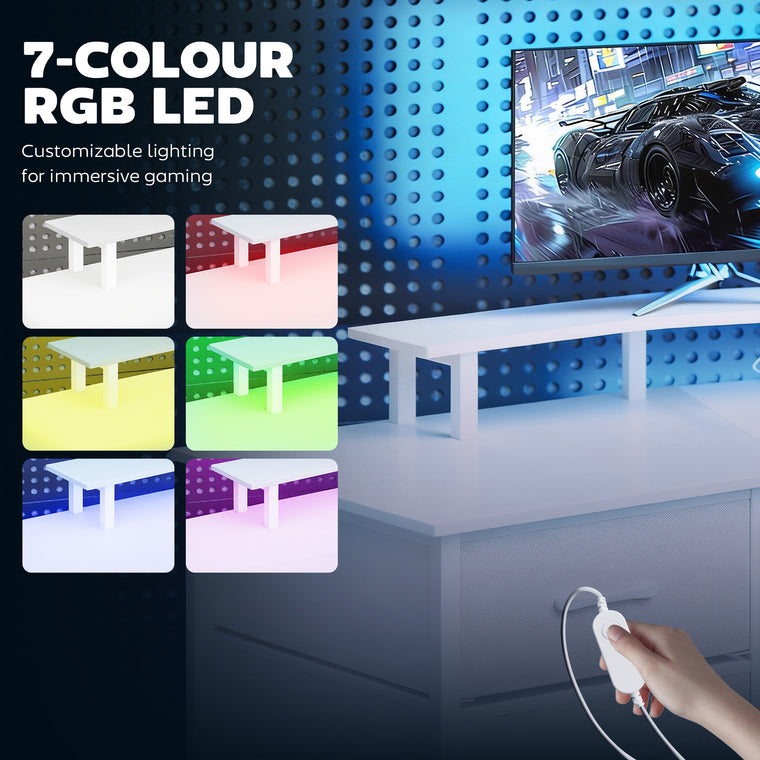 79" RGB Gaming Desk with Power Outlets and Drawers - White