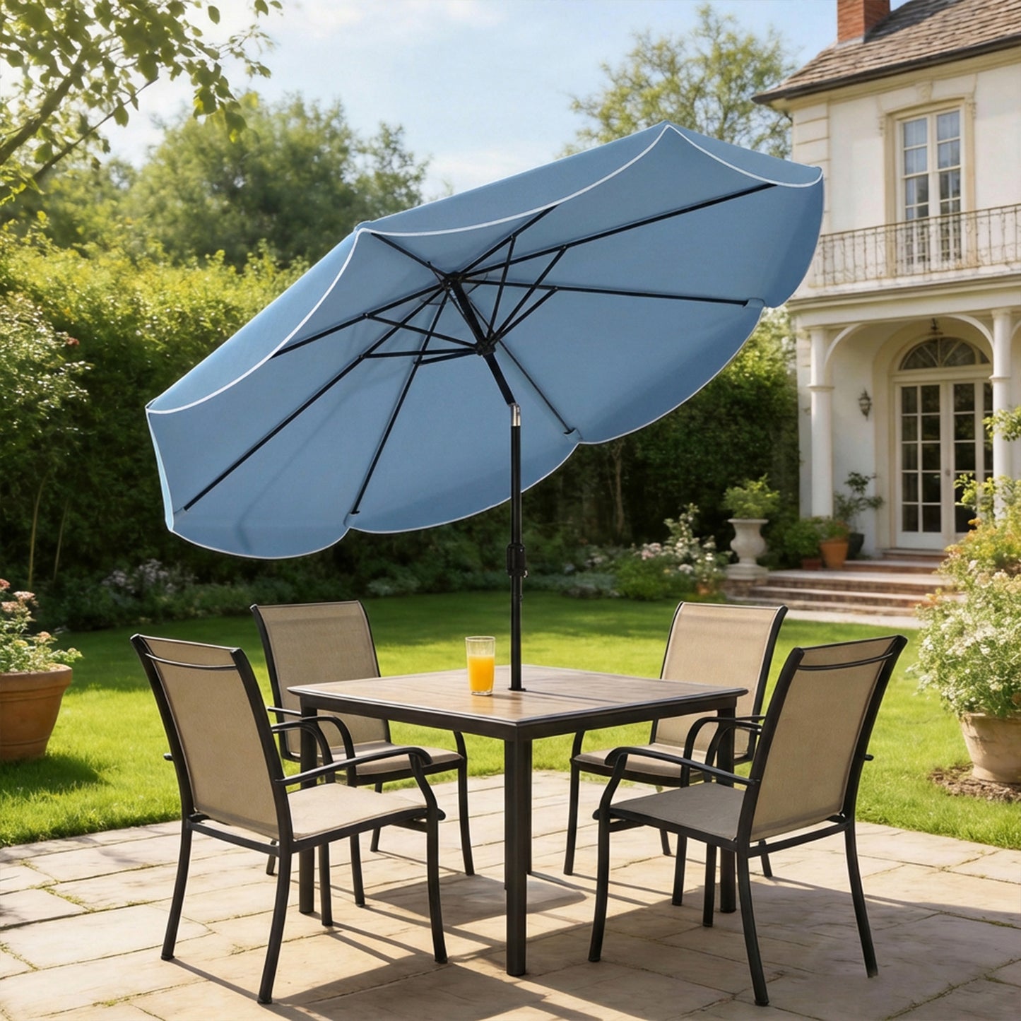 9' x 9' Sky Blue Round Market Umbrella with Valance & Tilt Crank