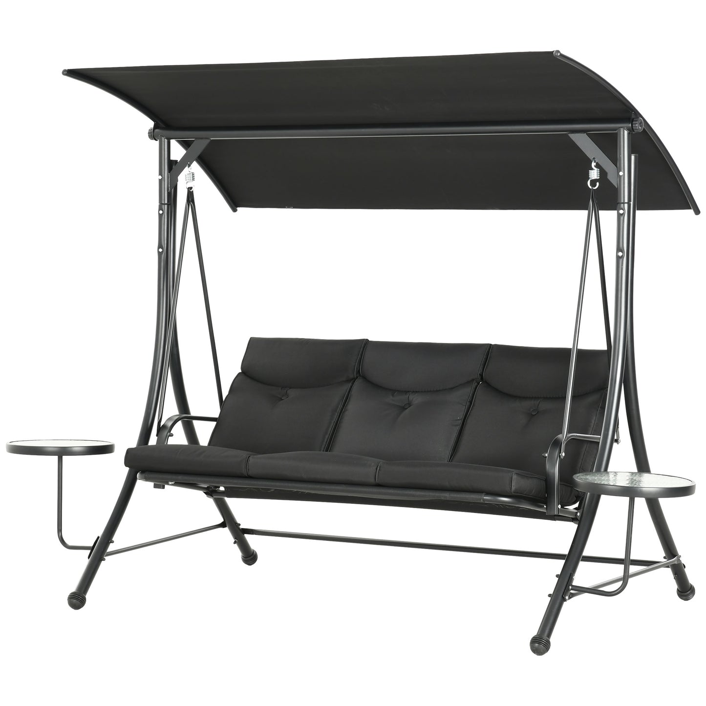 3-Seat Outdoor Swing Chair Steel Swing Bench with Adjustable Canopy & Coffee Tables & Cushion for Patio Garden, Black
