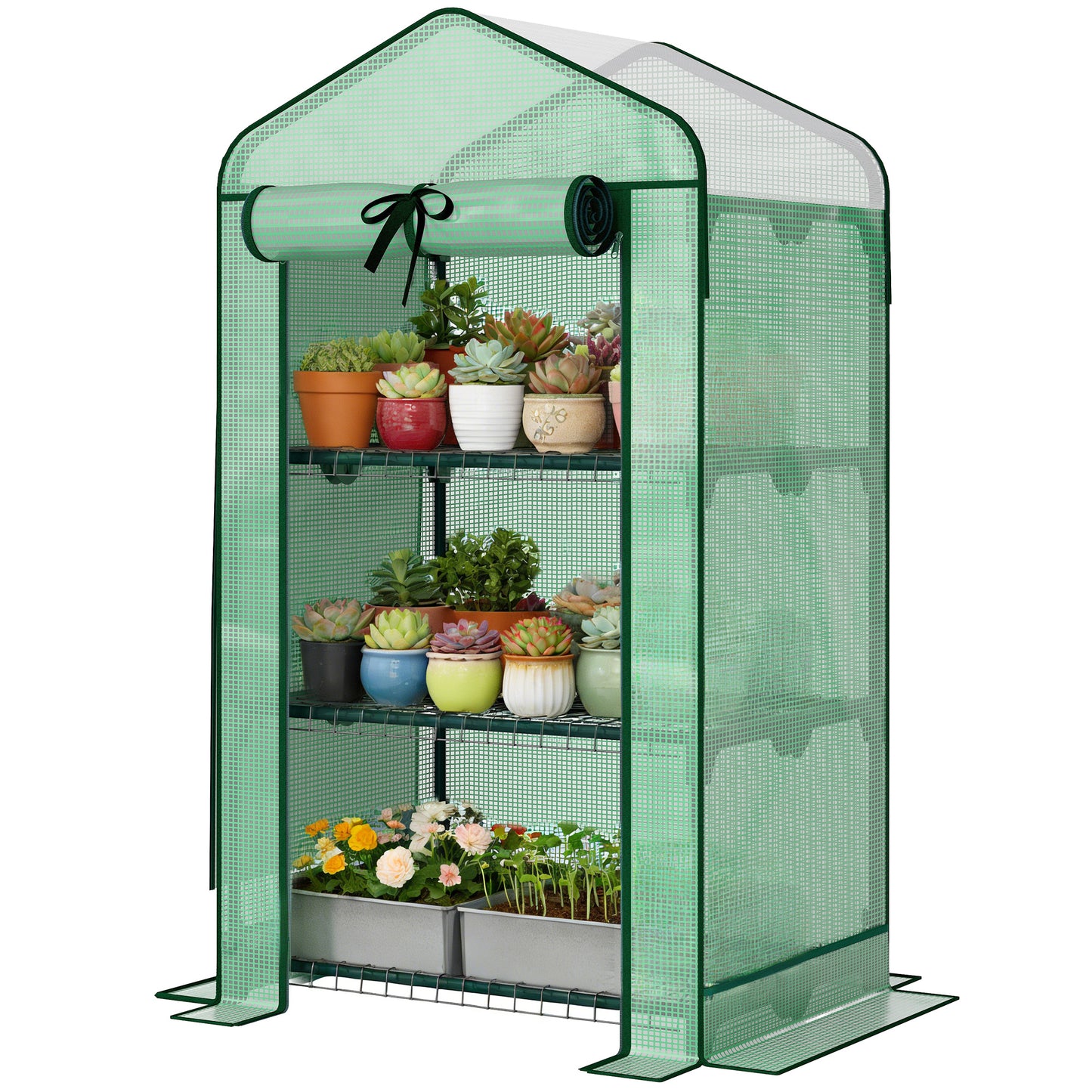 Mini Greenhouse with Screen Roof, Portable Small Greenhouse with Roll-Up Zipper Door