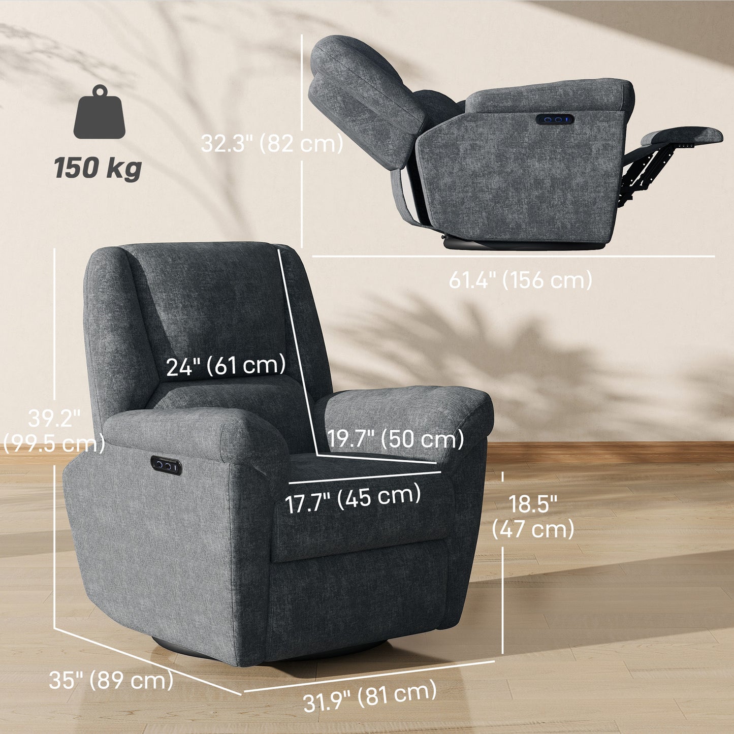Power Recliner Chair, Fabric Upholstered Recliner Chair with USB Ports, Swivel and Rocking Function, Footrest, Dark Grey