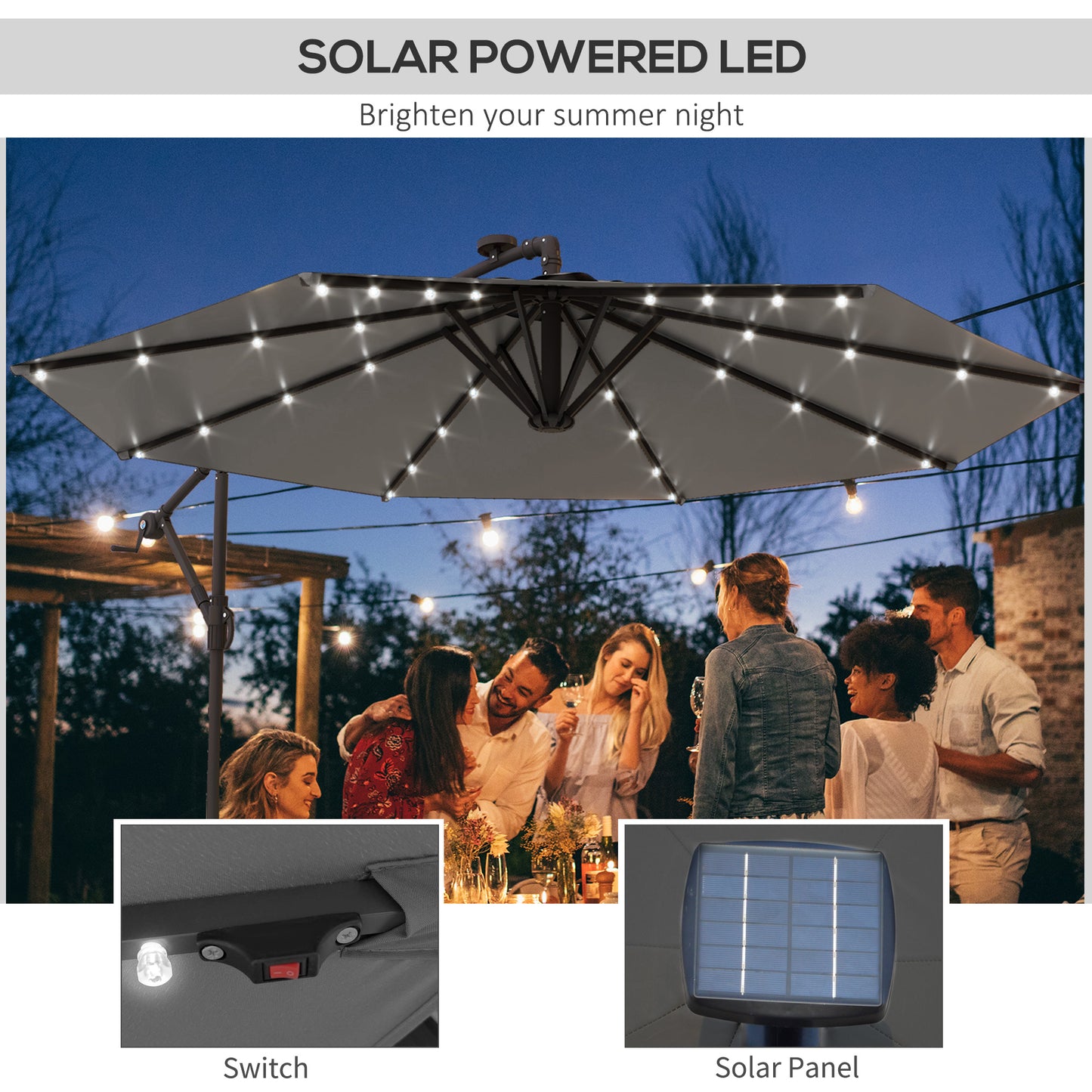 9.5' Dark Grey Offset Parasol with Solar LED Lights