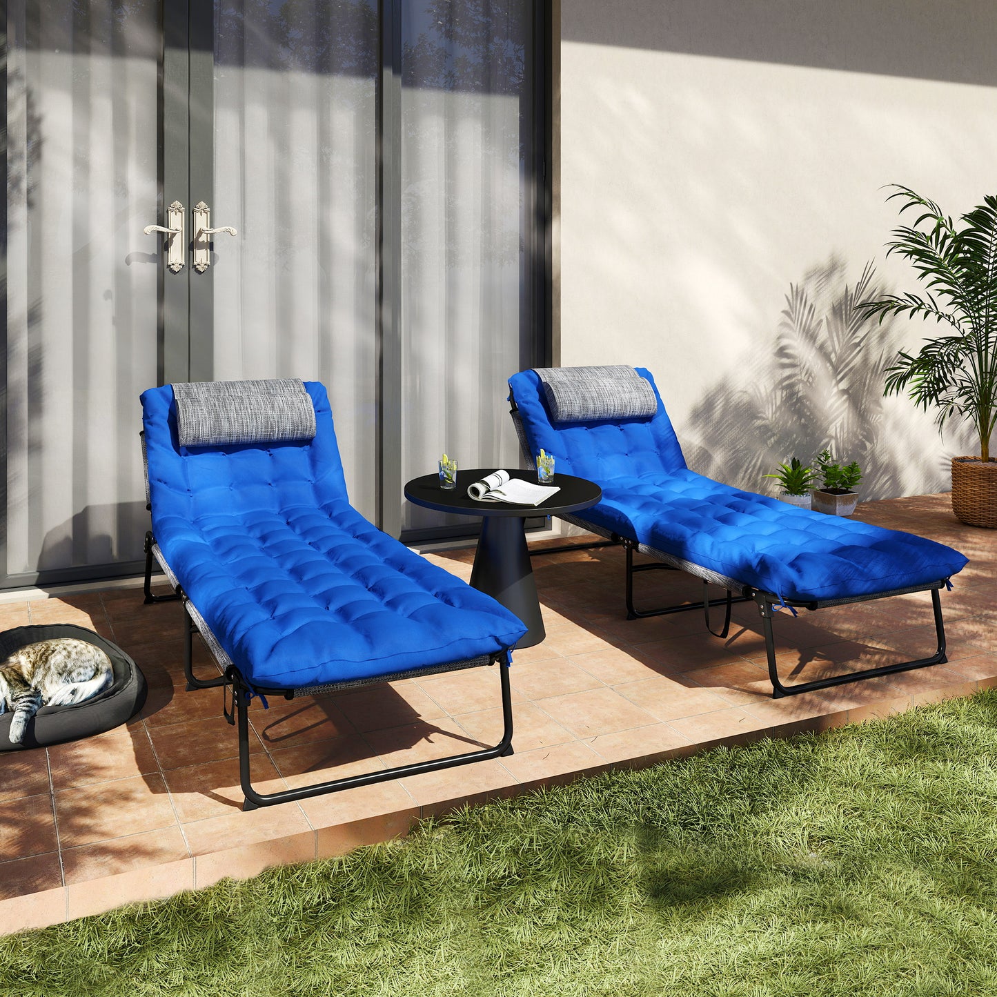 2-Piece Folding Lounge Chairs with Adjustable Backrest, Tanning Chair with Cushion, Side Pocket, Headrest, Beige
