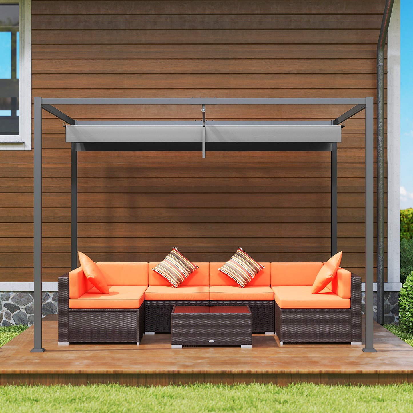 10x7ft Pergola with Retractable Roof Outdoor Patio Sun Shelter Garden Grape Tent Water-resistant Yard Shade Grey