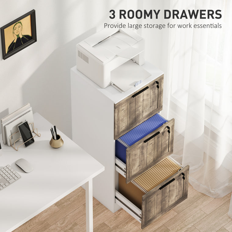 3-Drawer Farmhouse Filing Cabinet with Lock - White