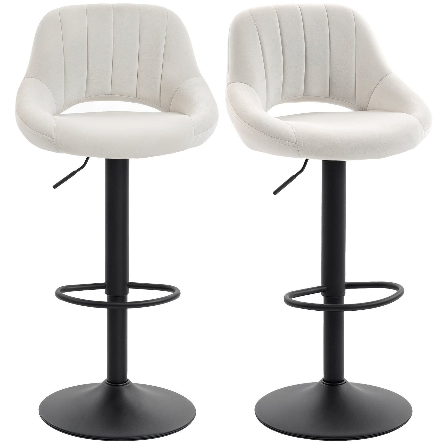 Bar Stools Set of 2, Swivel Counter Height Barstools with Adjustable Height and Cutout Back, Velvet Upholstered Bar Chairs with Round Metal Base and Footrest, Cream