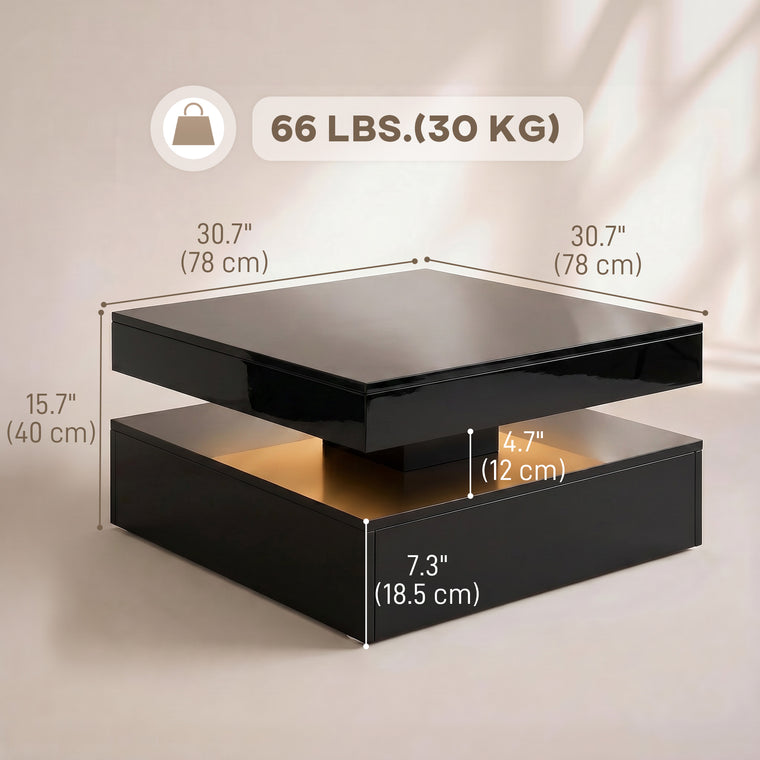 2-Tier LED Coffee Table with Open Shelf and Remote