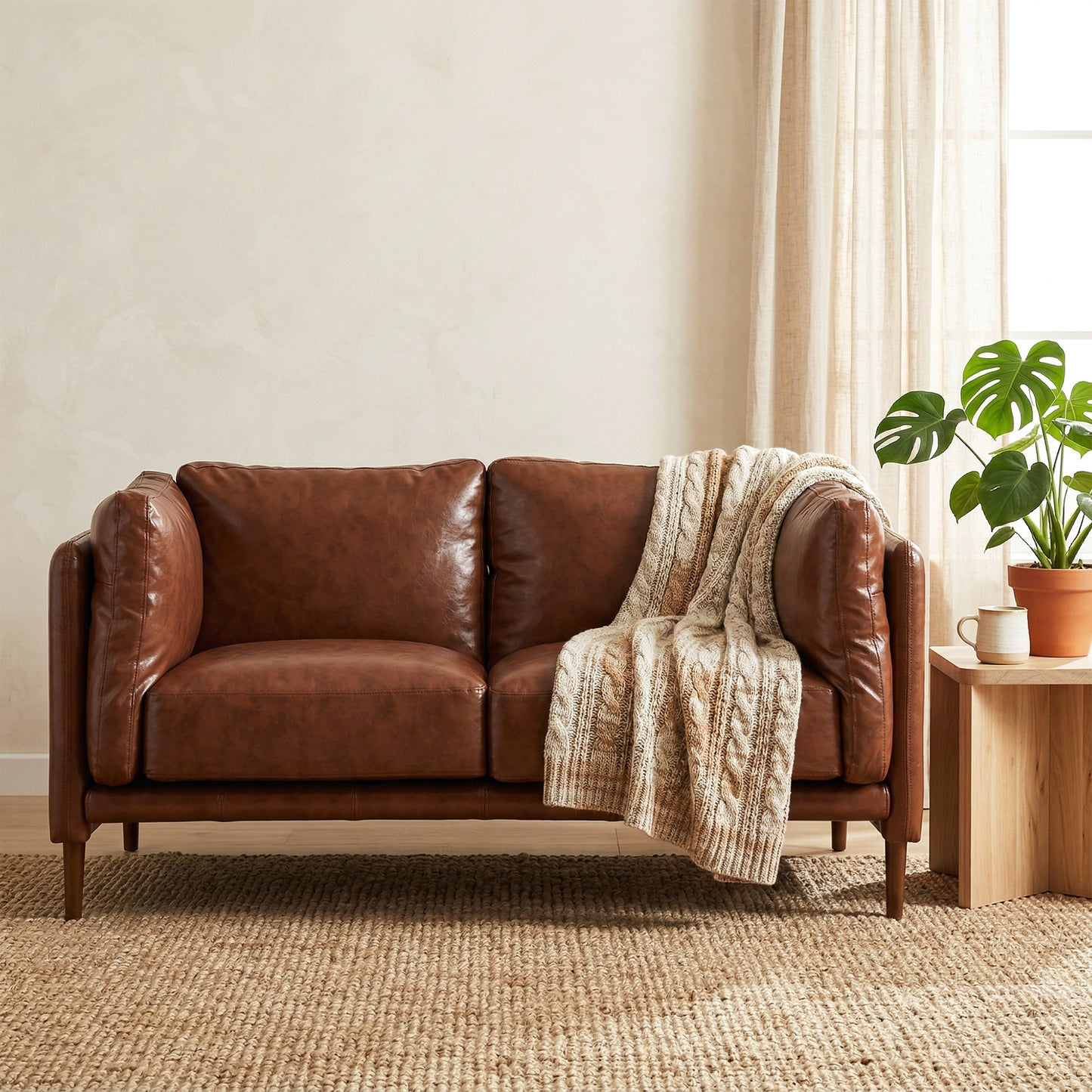 59" Loveseat Sofa, PU Leather 2 Seater Sofa with Wide Seat, High-Density Foam, Thick Cushion, Wood Legs, Brown