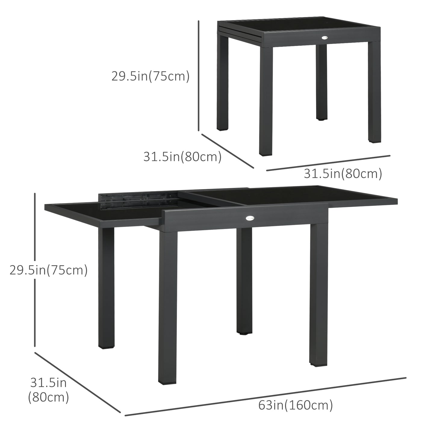 63" Extendable Outdoor Dining Table Patio Table with Aluminum Frame and Tempered Glass Tabletop, Black