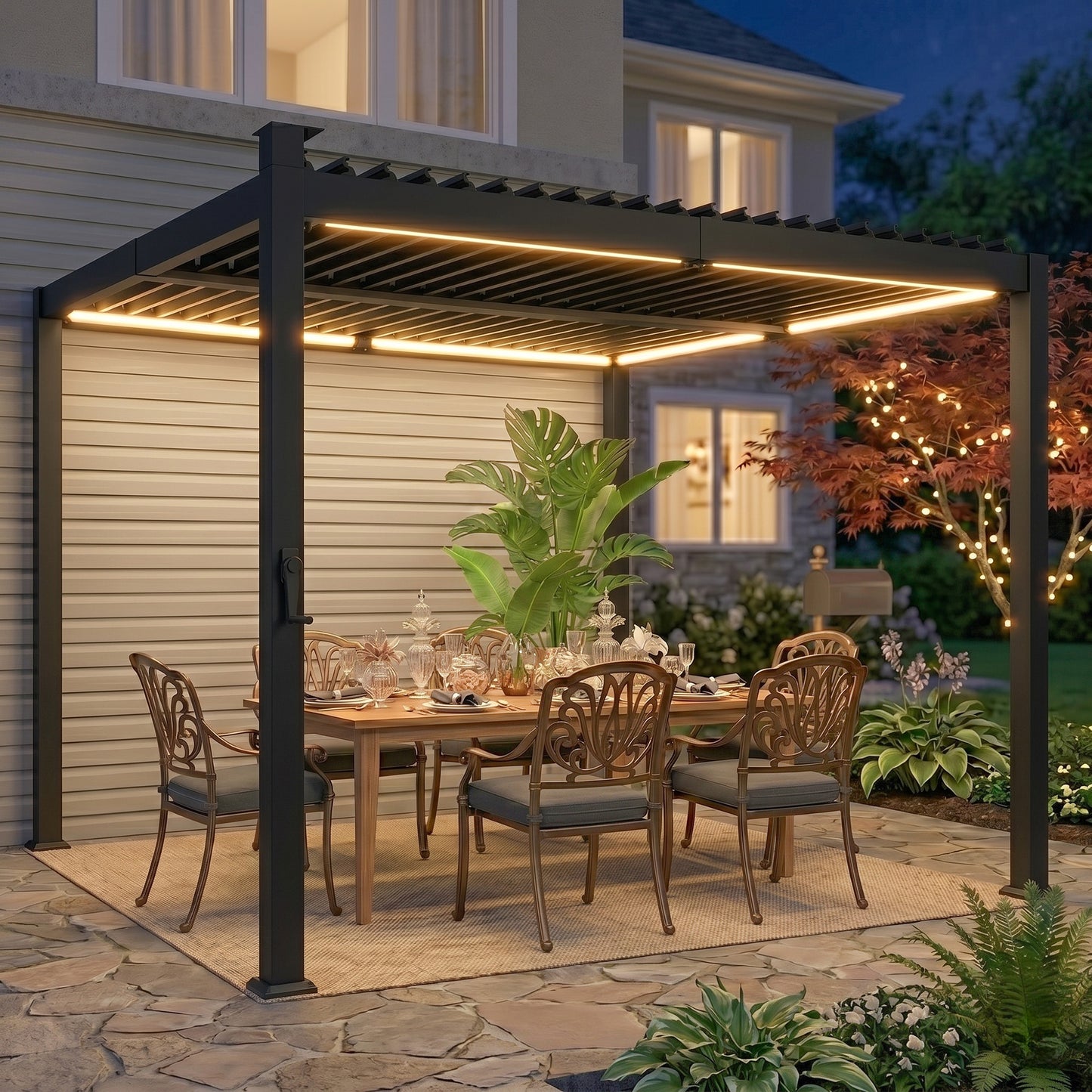 10 x 10 ft Louvered Pergola with Solar LED lights, Metal Roof, Outdoor Pergola Gazebo with Drainage Gutters, Black