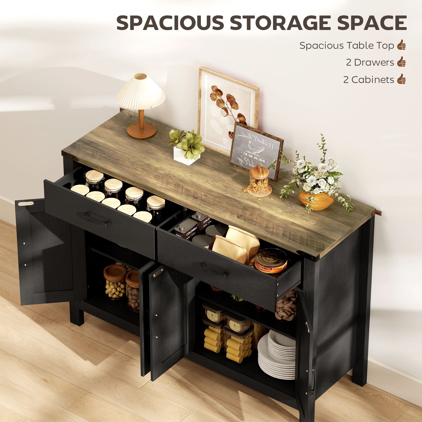 Sideboard Buffet Cabinet, Farmhouse Kitchen Storage Cabinet w/ 2 Drawers and Shelves for Living Room, Entryway