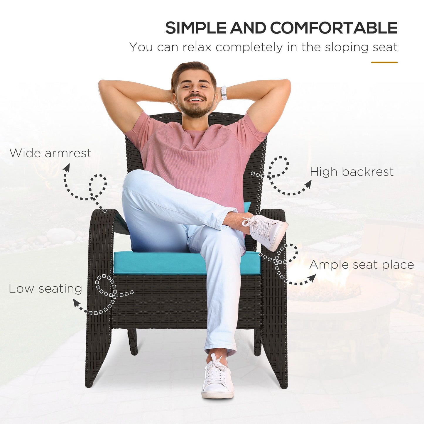 Patio Wicker Adirondack Chair, Outdoor Rattan Muskoka Chair with Cushions for Patio, Garden, Backyard Dark Blue