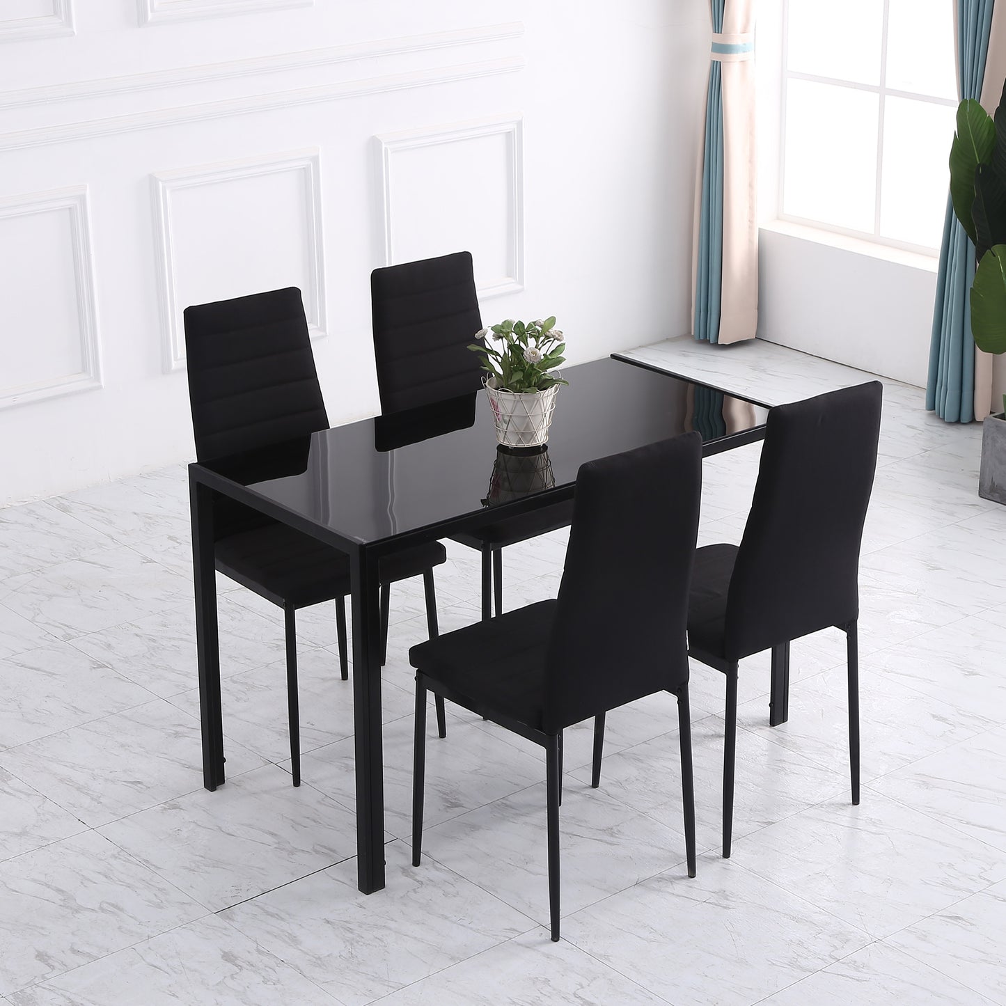Modern Dining Chairs High Back Upholstered Linen Fabric with Metal Legs for Kitchen Black