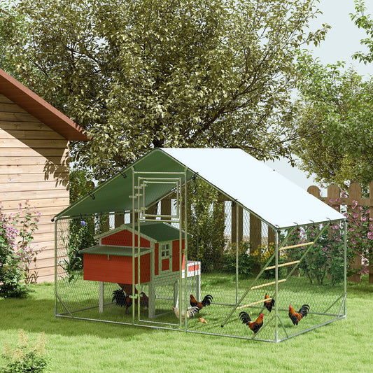 Large Metal Chicken Run with Waterproof & UV-Resistant Cover, Feeding Door, Hanging Feeder, Perch for 6-8 Chickens