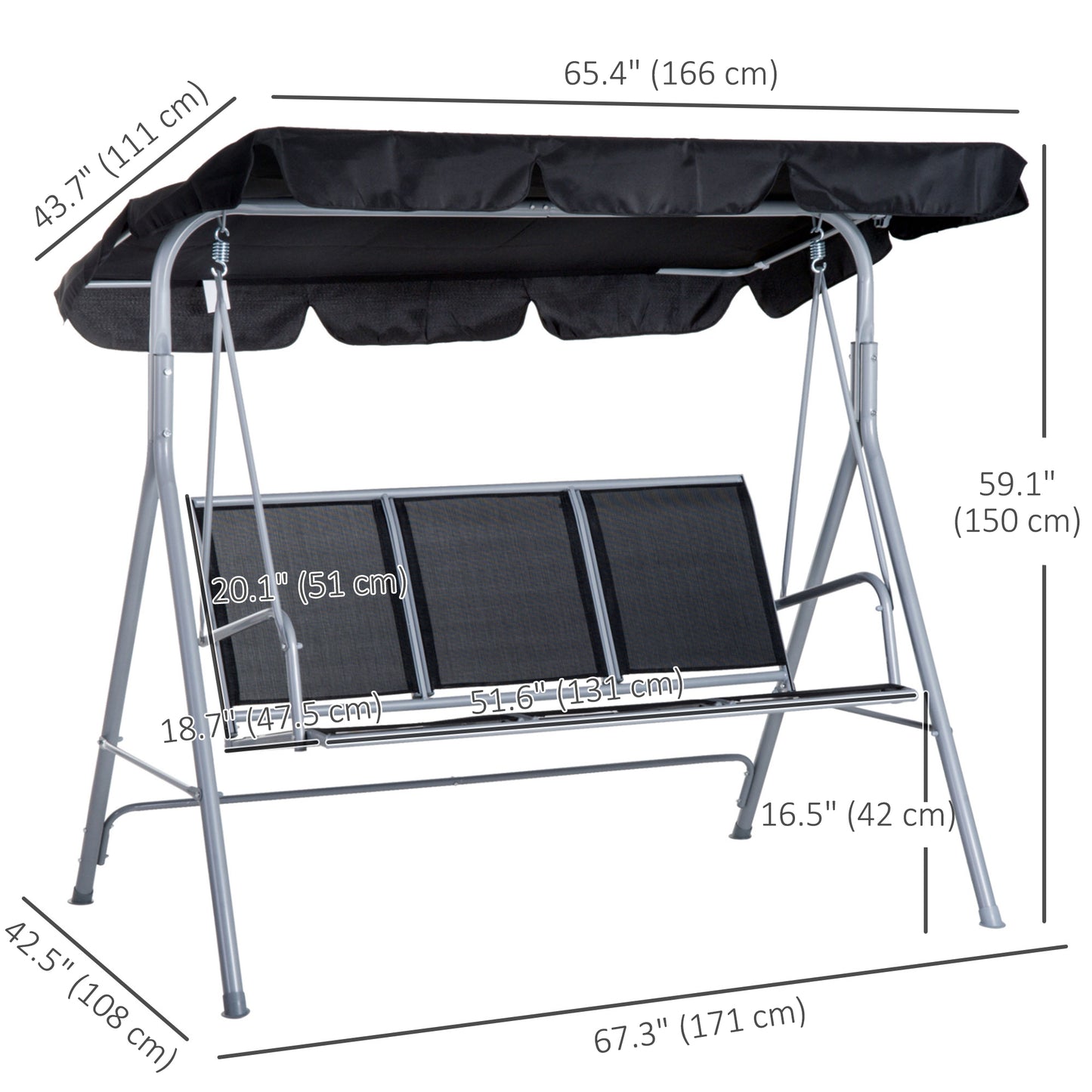 3-Seater Outdoor Swing Chair, Patio Swing, A Frame Porch Swing with Canopy, Garden Hammock Glider Bed, Light Grey
