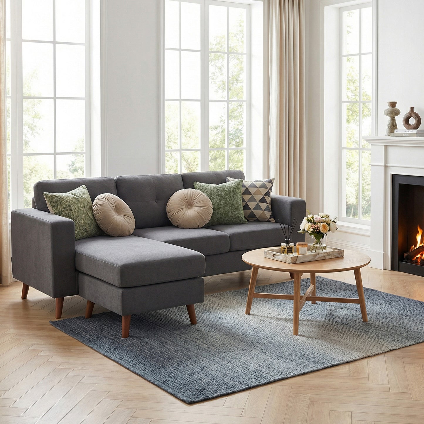 Sectional Sofa with Changeable Chaise Lounge, 3 Seat L-Shaped Small Space Sofa, Upholstered Couch for Small Space, Dark Grey