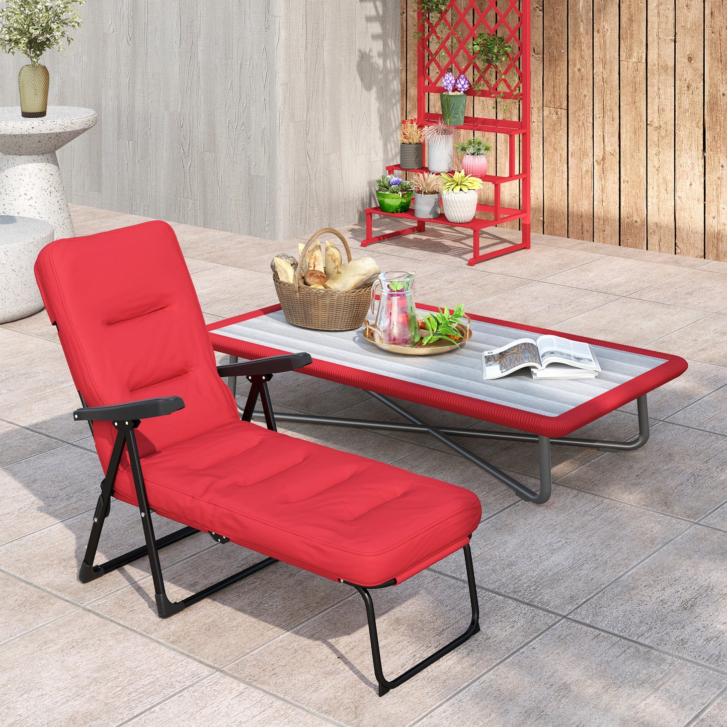 Folding Outdoor Lounge Chair with Cushion, Adjustable Backrest, Reclining Patio Garden Chair with Footrest, Wine Red