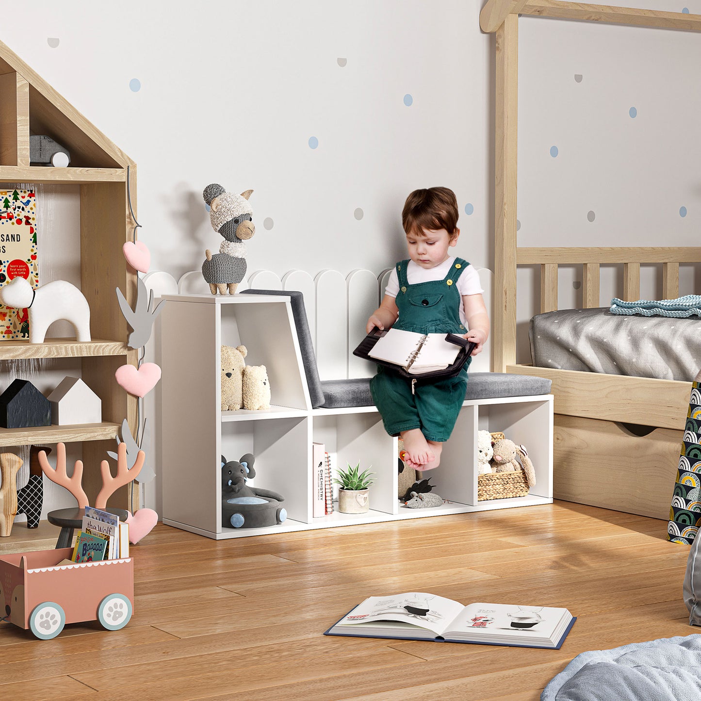 Multi-Purpose Bookshelf with 5 Cubes, 5-Cubby Bookcase with Cushioned Reading Nook and Storage Shelves, Grey