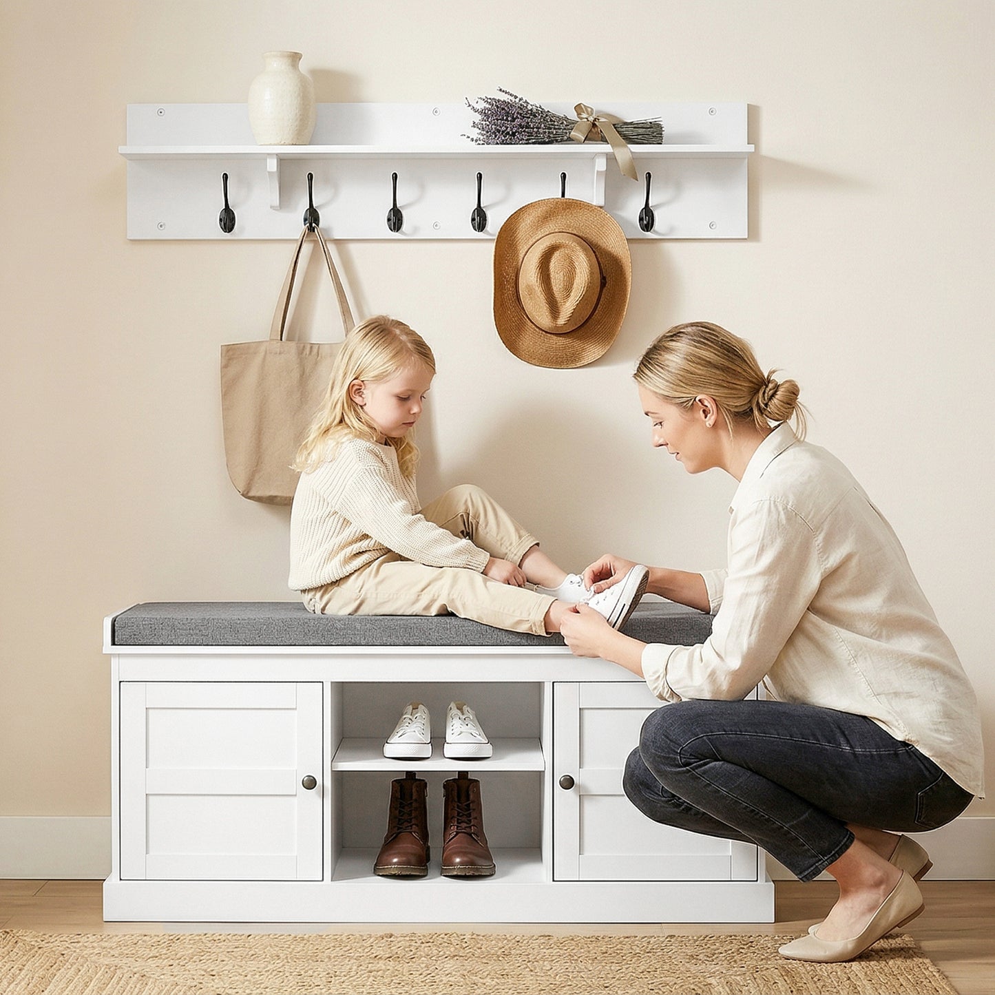 2 in 1 Coat Rack Shoe Bench Set with 6 Hooks and Shoe Storage Bench, White and Grey