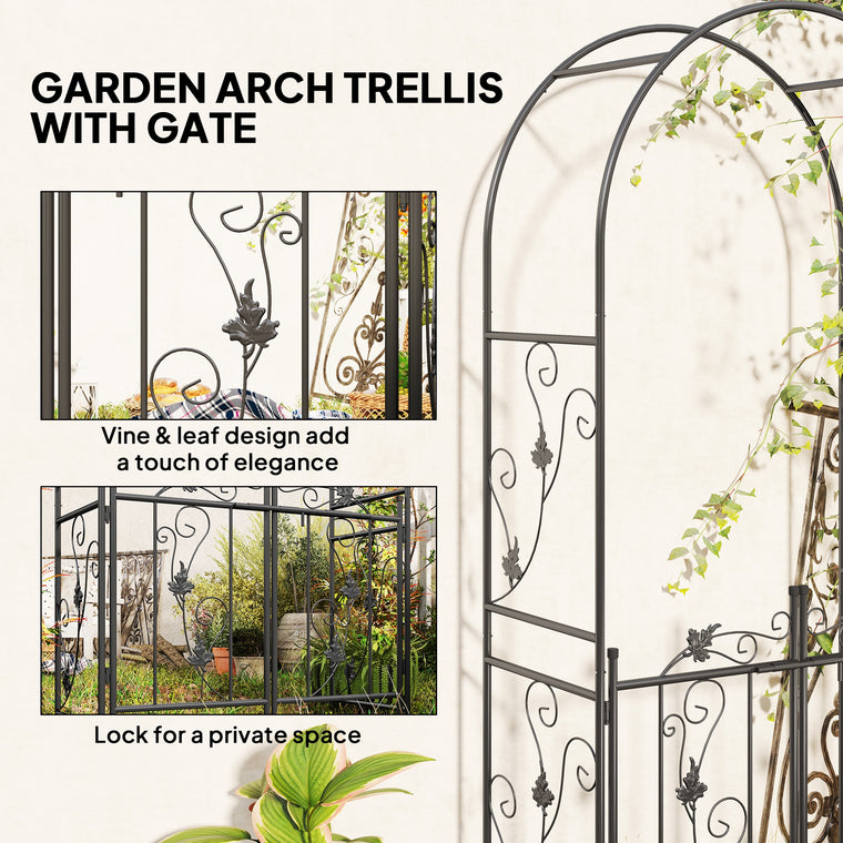 7' Black Steel Garden Arch with Gate & Trellis