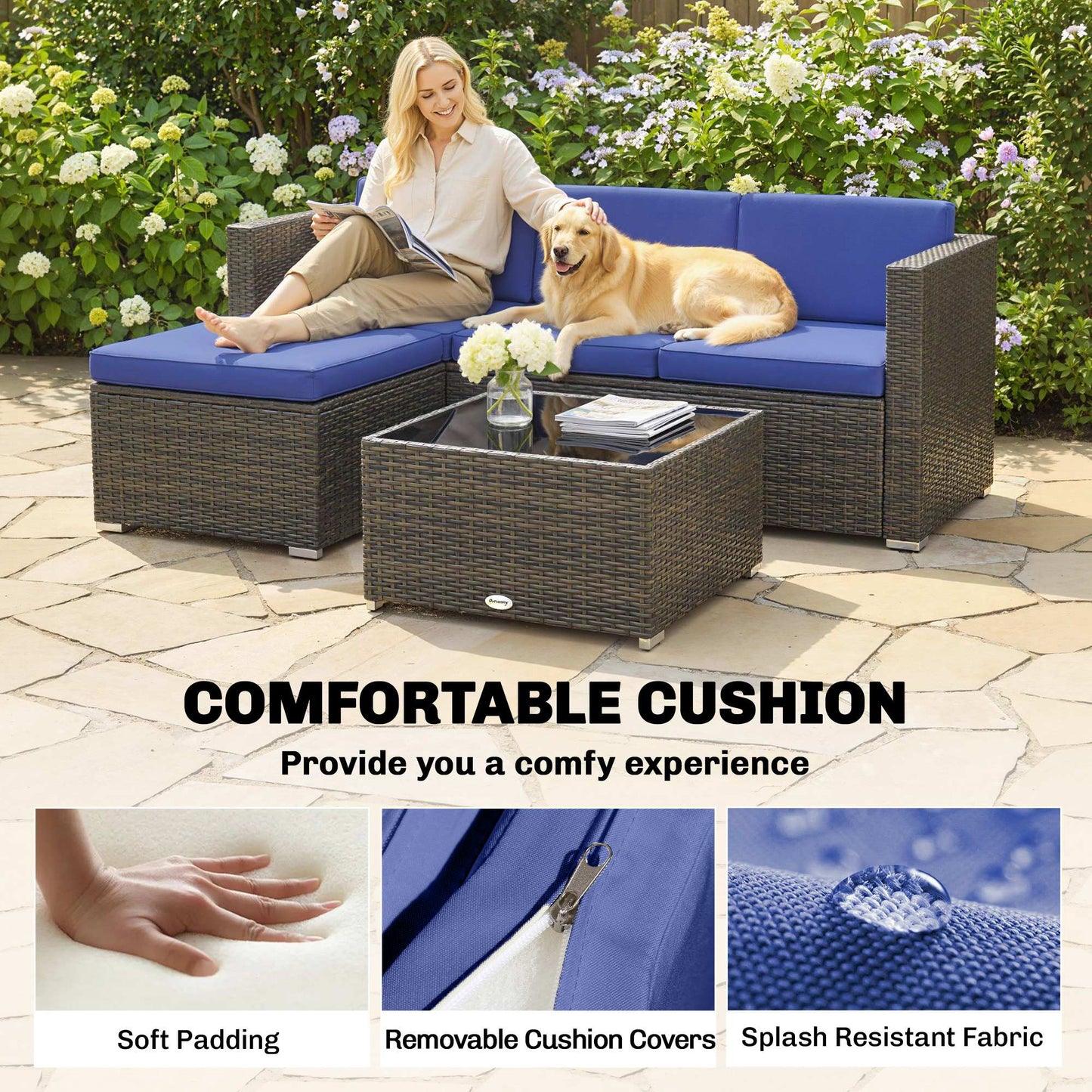 3 Pieces Patio Furniture Set with Cushions, Outdoor PE Rattan Wicker Conversation Corner Sofa Set with Glass Top Table