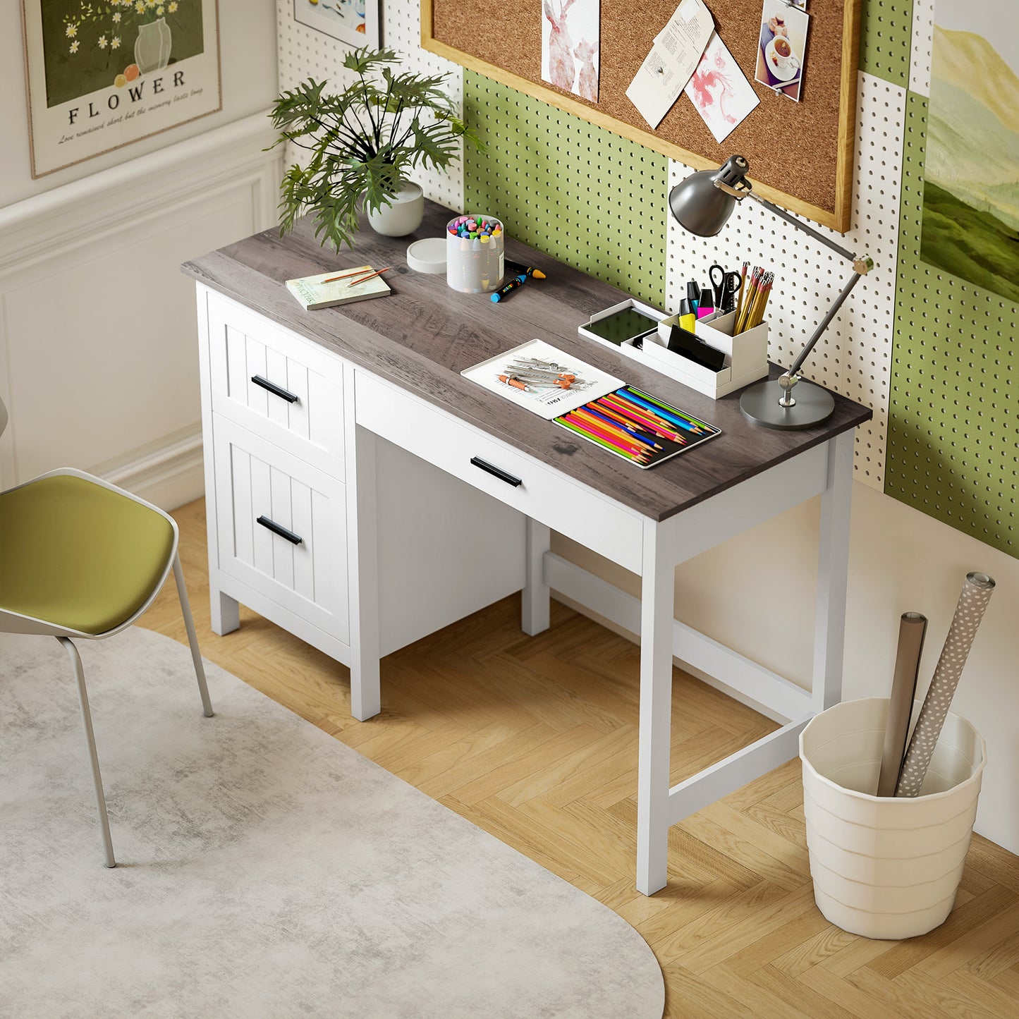 Computer Desk with 3 Drawers, Farmhouse Home Office Desk with File Drawer and Wood Grain Top for Small Spaces, White