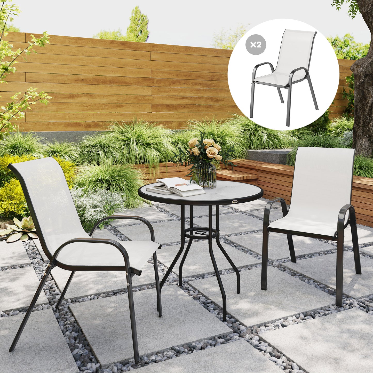 Set of 2 Outdoor Dining Chairs, Stackable Lawn Chairs with High Back, Breathable Mesh Seat for Garden Porch, Black