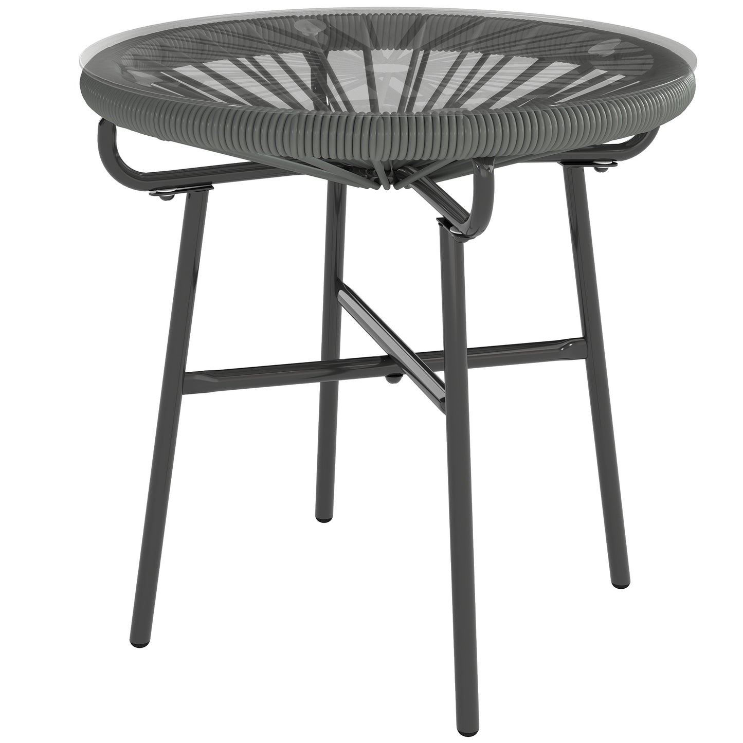 Rattan Side Table, Round Outdoor Table, with Round PE Rattan and Tempered Glass Table Top for Patio, Garden, Dark Grey