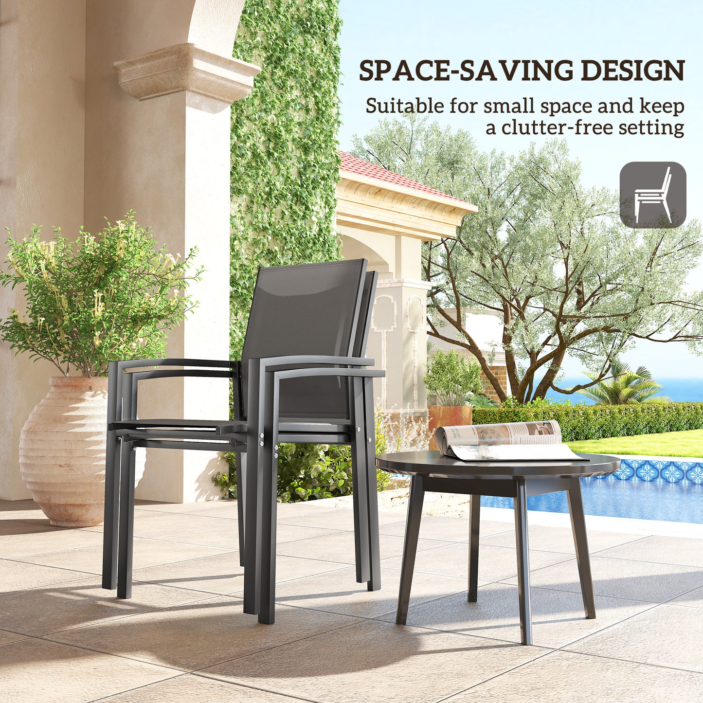 Set of 2 Outdoor Stackable Garden Dining Chairs, Patio Chairs with Breathable Fabric Seat, Armrests and Backrest for Patio, Balcony and Backyard, Dark Grey