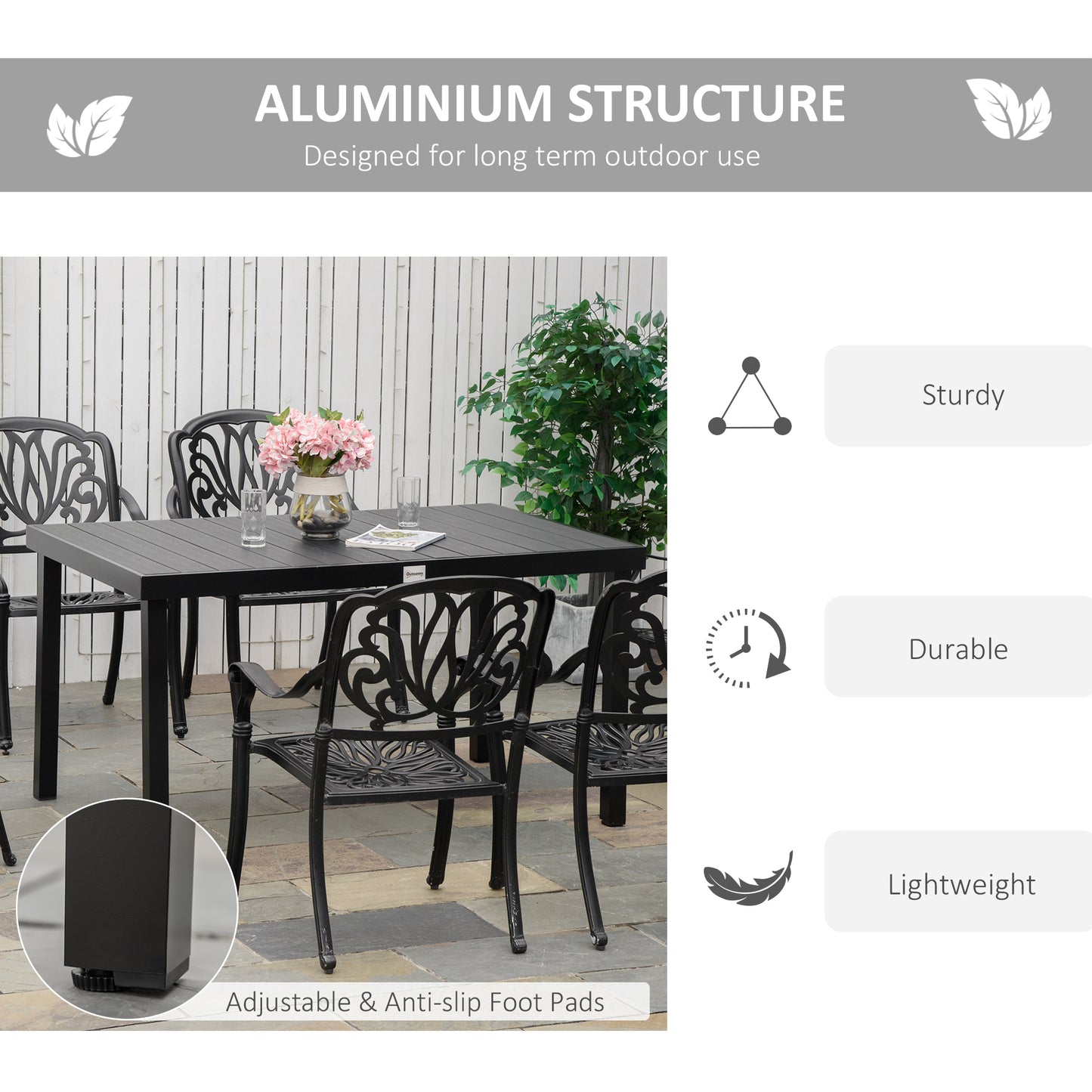 Aluminum Outdoor Dining Table for 6, Rectangular Patio Dining Table 55" L x 35.5" W x 29.25" H, Modern Garden Table for Kitchen, Dining Room, Patio, Natural