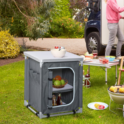 Grey Aluminum Camping Kitchen Station with 2-Shelf Cupboard