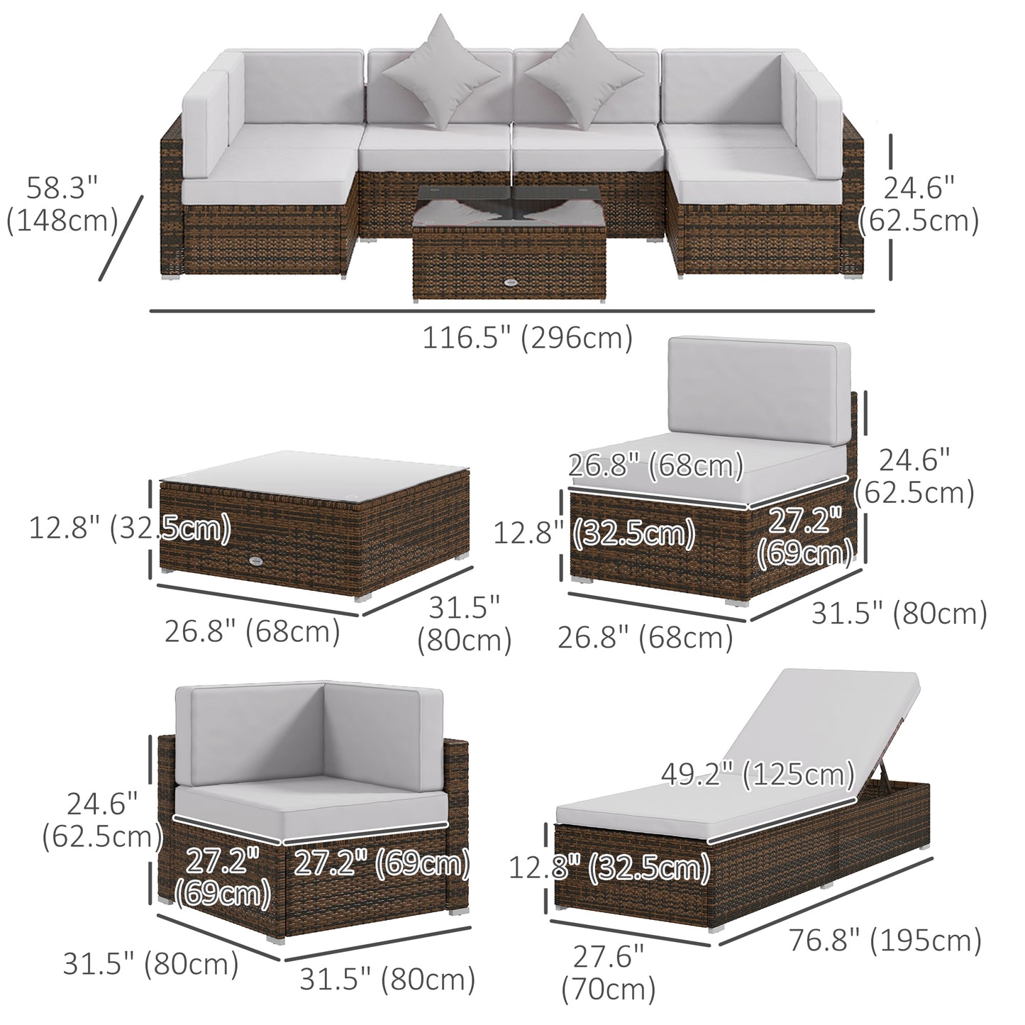 9 Pieces Wicker Patio Furniture Set with Cushion, Light Grey