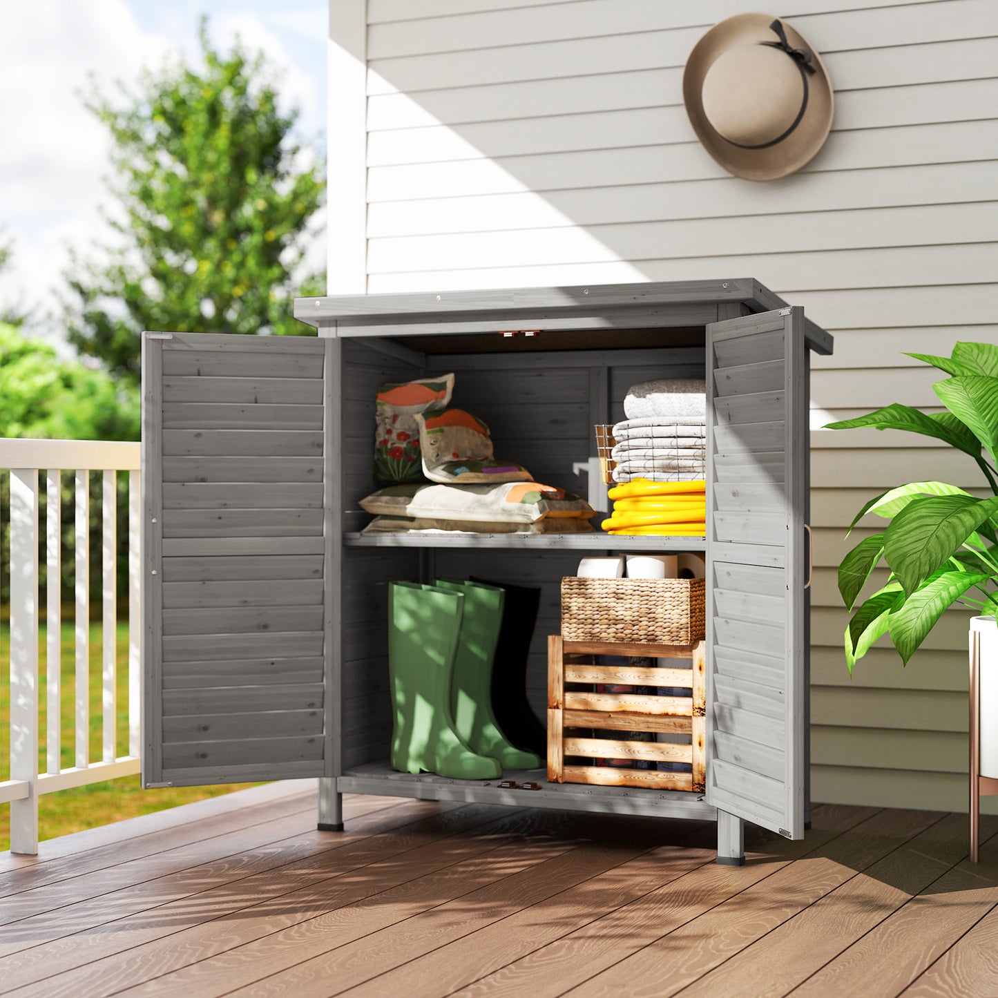 Wooden Garden Storage Shed Kit Wood Garage Tool Organisation Cabinet with 2 Door , 34" x 18" x 38", Grey